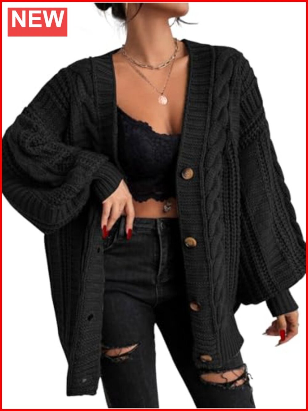 Oversized Cable Knit Cardigan Button Down V-Neck Long Sleeve